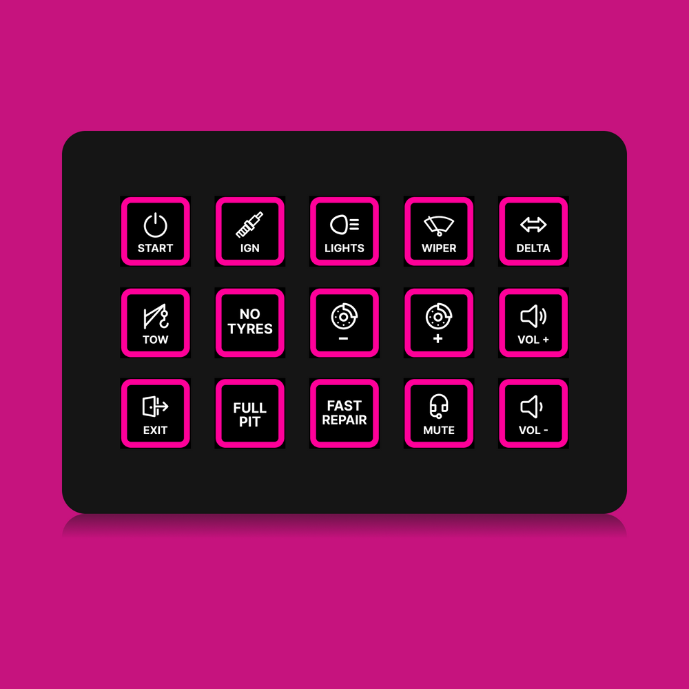 FUTUREDUST sim racing button box icon set — magenta backlight variant