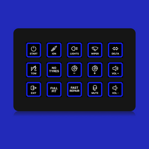FUTUREDUST sim racing button box icon set — blue backlight variant