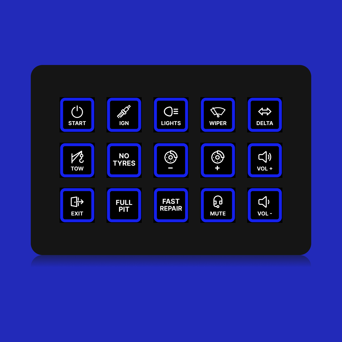 FUTUREDUST sim racing button box icon set — blue backlight variant