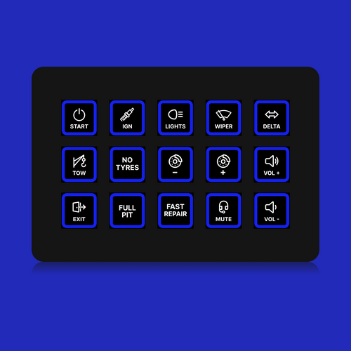FUTUREDUST sim racing button box icon set — blue backlight variant