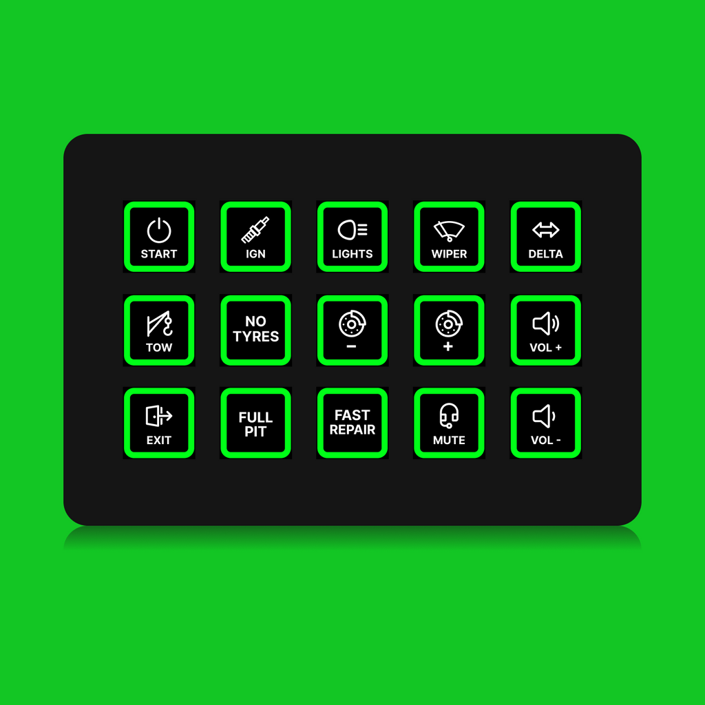 FUTUREDUST sim racing button box icon set — green backlight variant