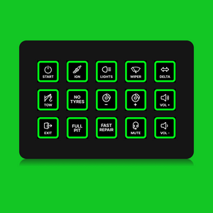 FUTUREDUST sim racing button box icon set — green backlight variant