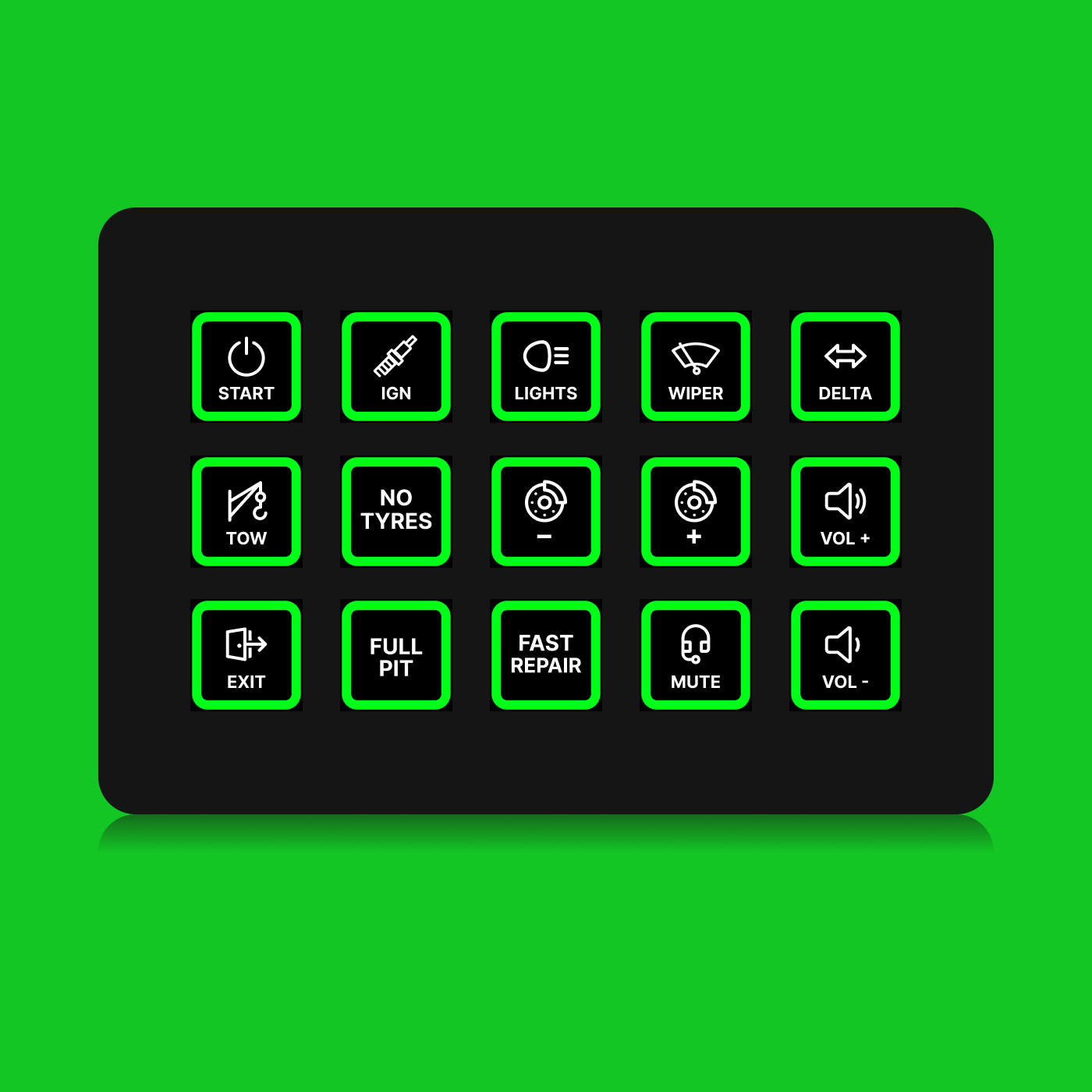 FUTUREDUST sim racing button box icon set — green backlight variant