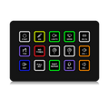 FUTUREDUST sim racing button box icon set — 15 labeled illuminated buttons (Start, Ignition, Lights, Wiper, Delta, Tow, No Tyres, Brake +/-, Volume +/-, Exit, Full Pit, Fast Repair, Mute)