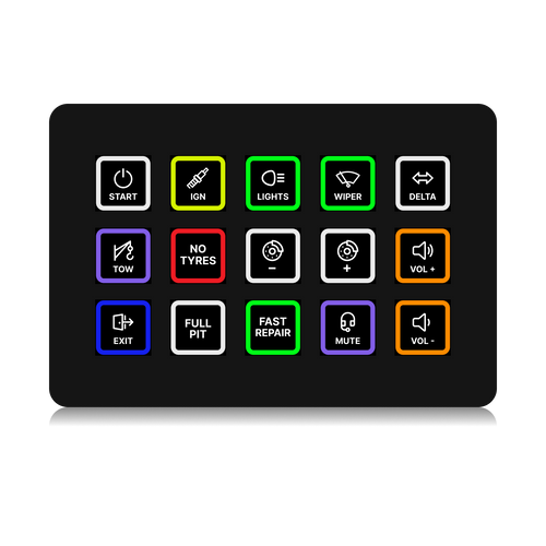 FUTUREDUST sim racing button box icon set — 15 labeled illuminated buttons (Start, Ignition, Lights, Wiper, Delta, Tow, No Tyres, Brake +/-, Volume +/-, Exit, Full Pit, Fast Repair, Mute)