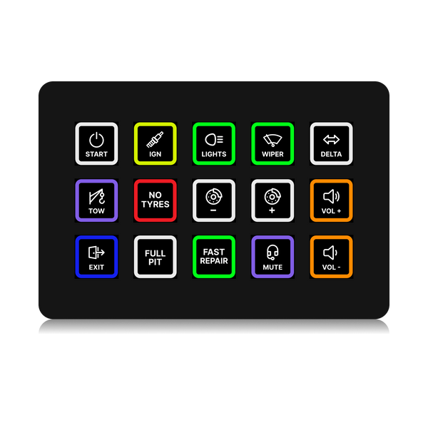 FUTUREDUST sim racing button box icon set — 15 labeled illuminated buttons (Start, Ignition, Lights, Wiper, Delta, Tow, No Tyres, Brake +/-, Volume +/-, Exit, Full Pit, Fast Repair, Mute)