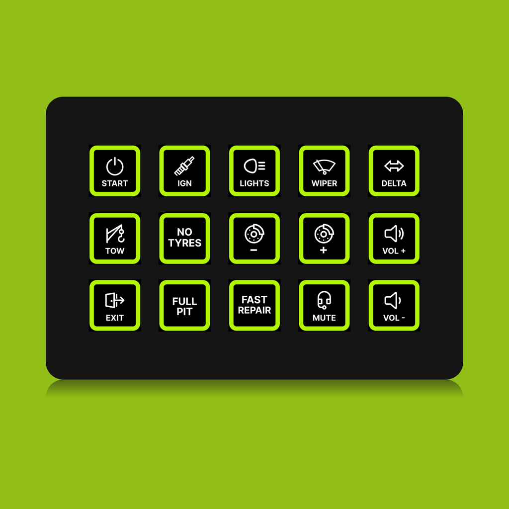 FUTUREDUST sim racing button box icon set — lime green backlight variant