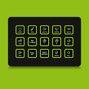 FUTUREDUST sim racing button box icon set — lime green backlight variant
