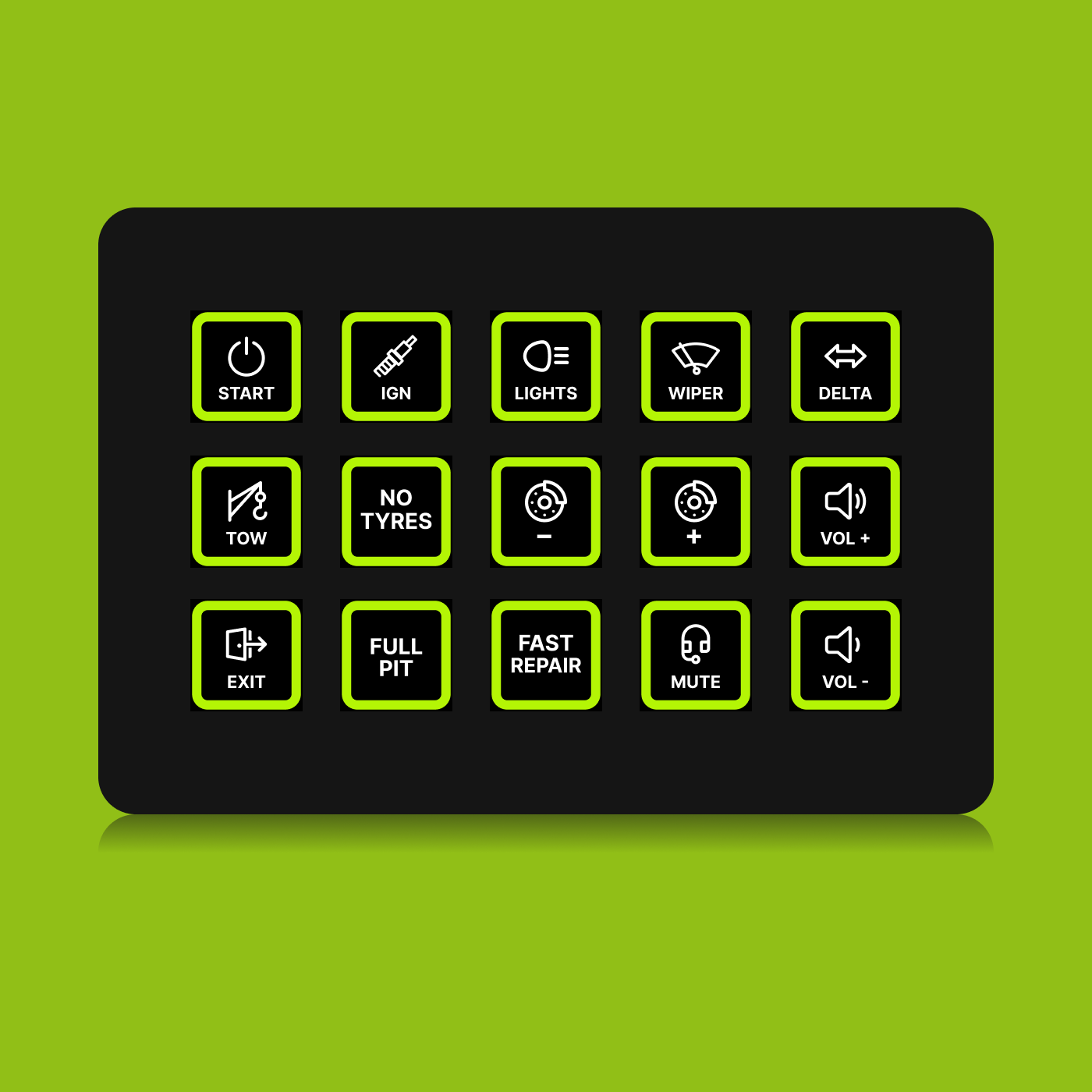 FUTUREDUST sim racing button box icon set — lime green backlight variant