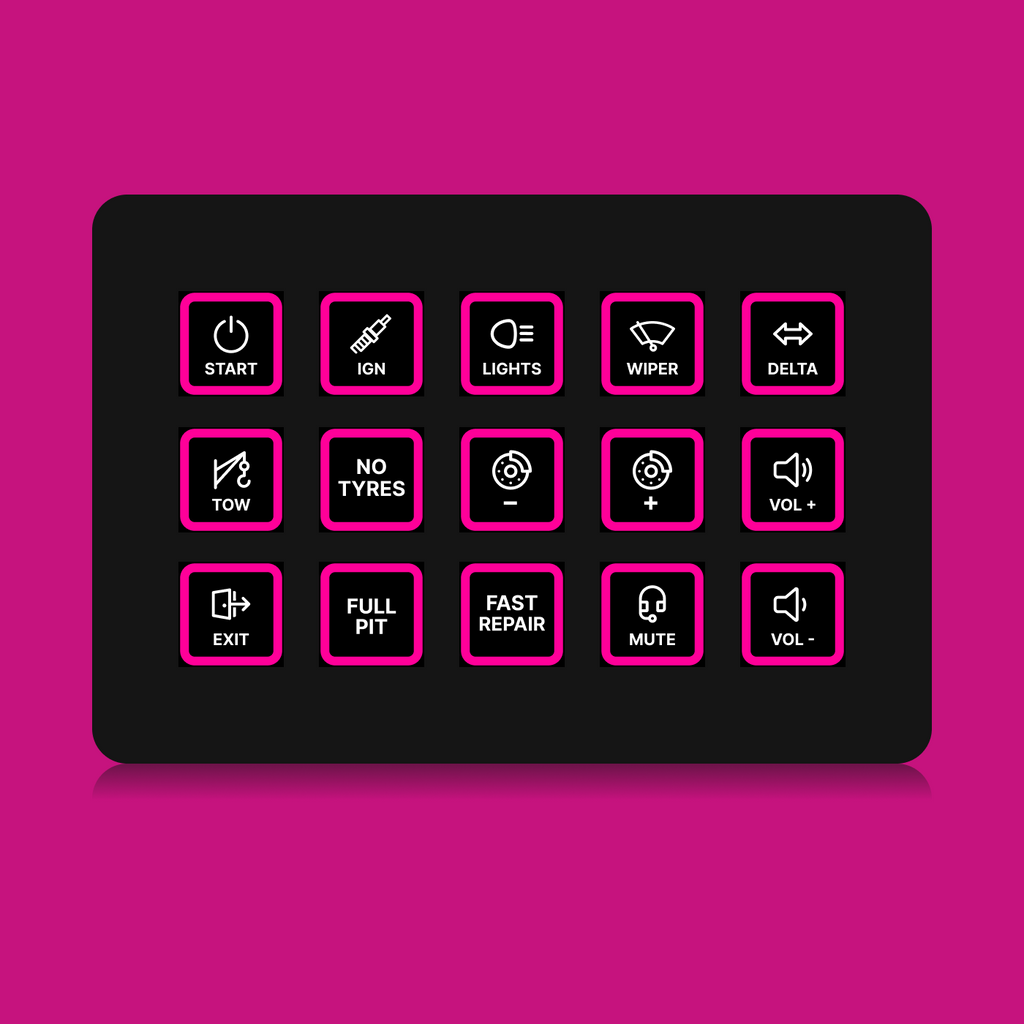 FUTUREDUST sim racing button box icon set — magenta backlight variant