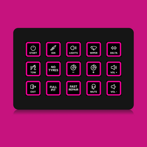 FUTUREDUST sim racing button box icon set — magenta backlight variant