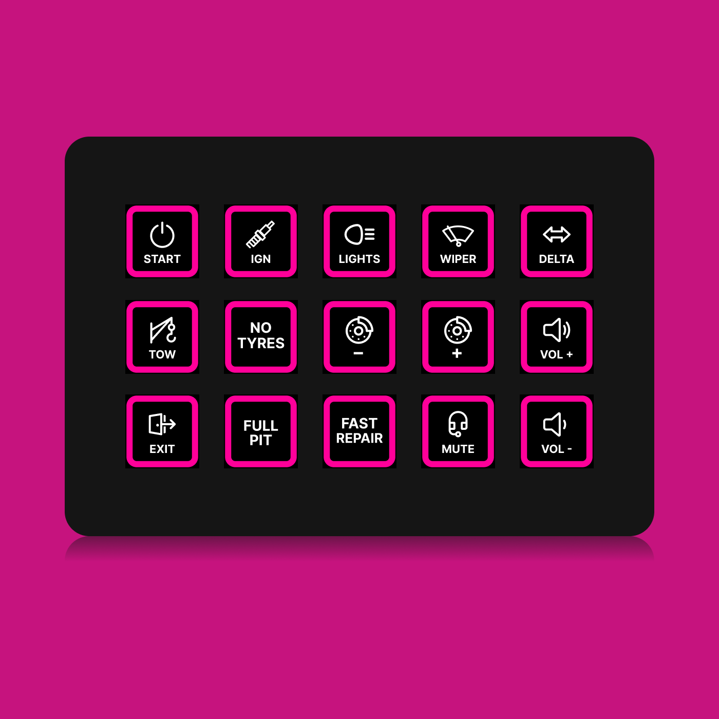 FUTUREDUST sim racing button box icon set — magenta backlight variant