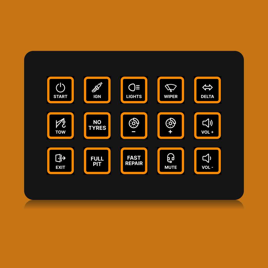 FUTUREDUST sim racing button box icon set — orange backlight variant