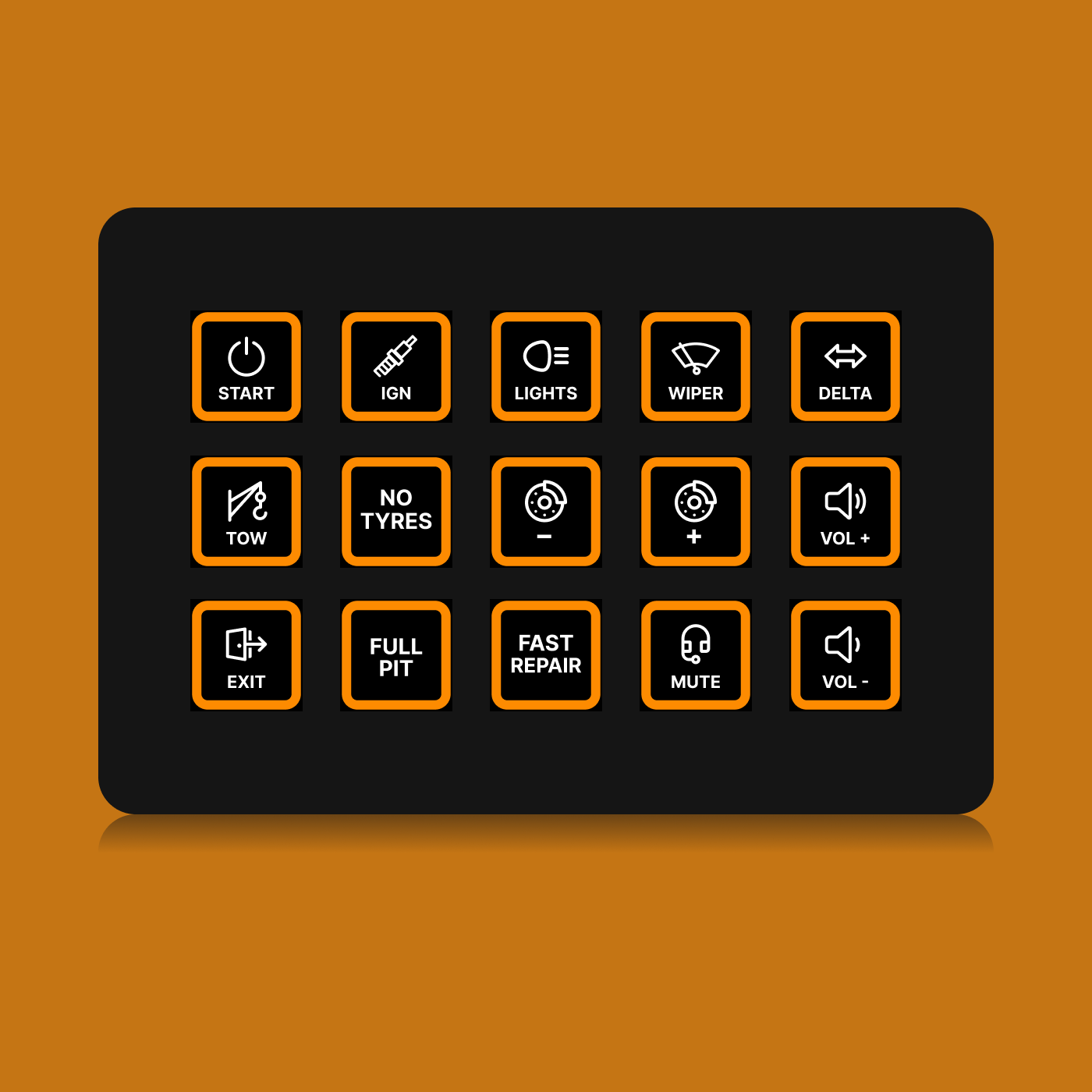 FUTUREDUST sim racing button box icon set — orange backlight variant