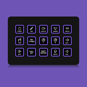 FUTUREDUST sim racing button box icon set — purple backlight variant