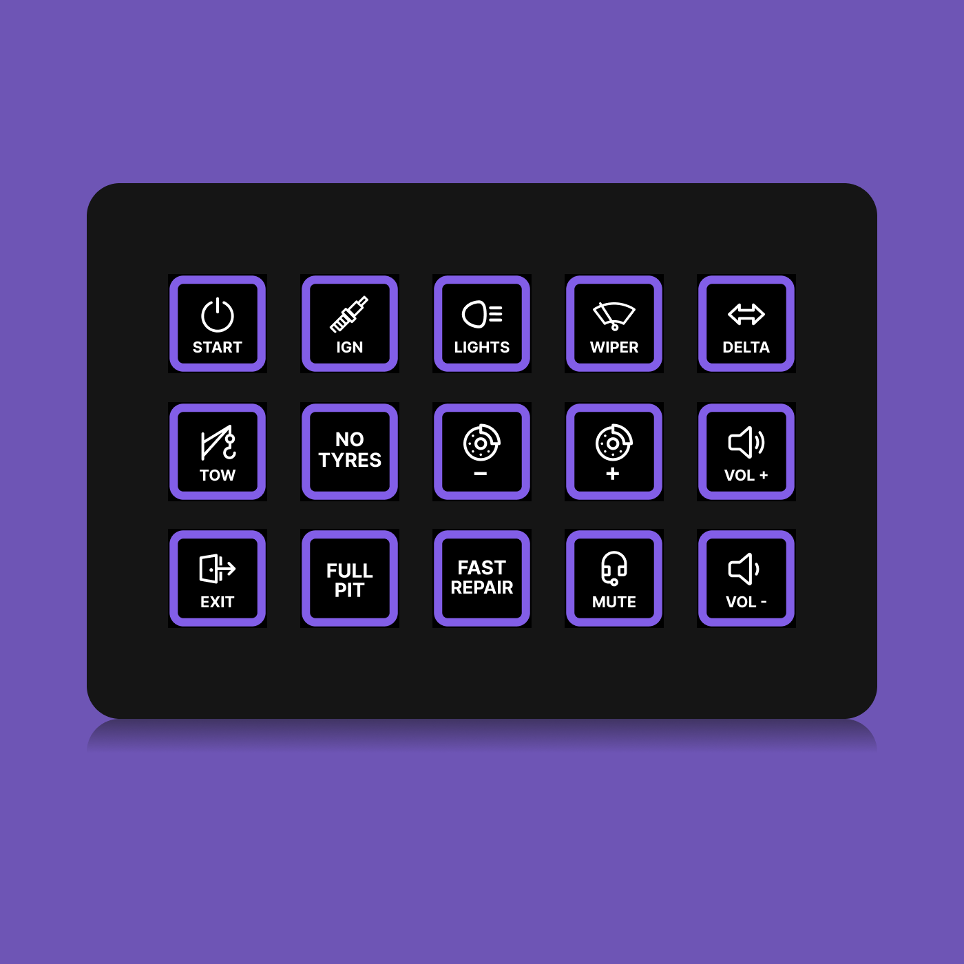 FUTUREDUST sim racing button box icon set — purple backlight variant
