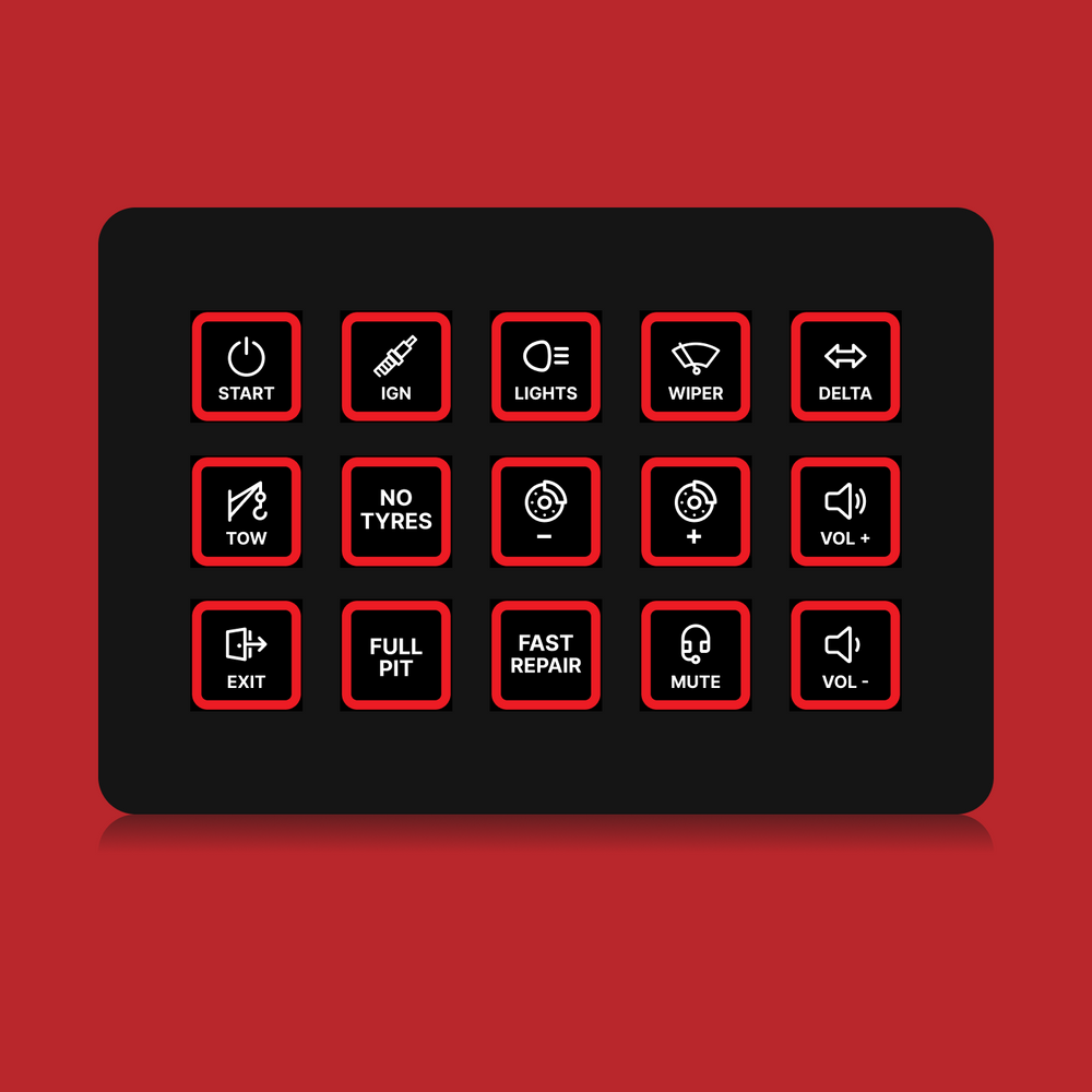 FUTUREDUST sim racing button box icon set — red backlight variant