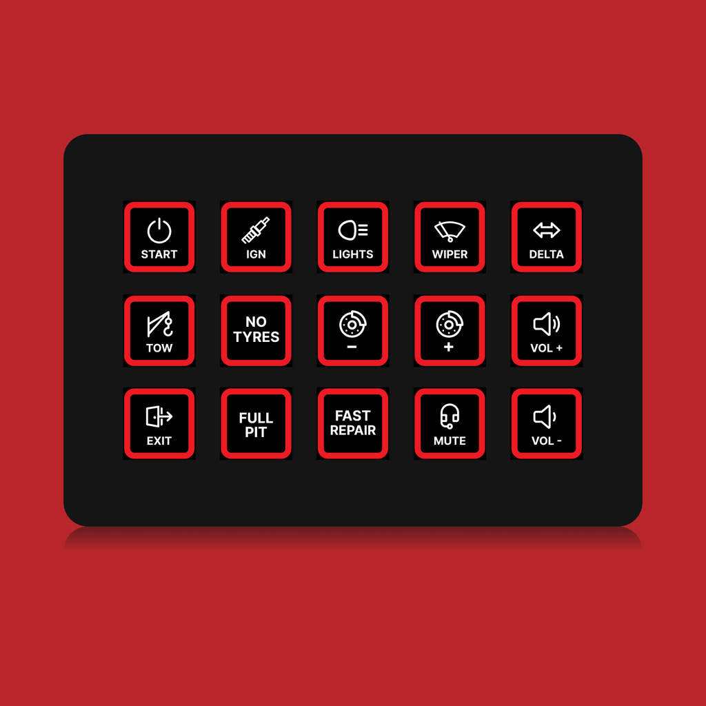 FUTUREDUST sim racing button box icon set — red backlight variant