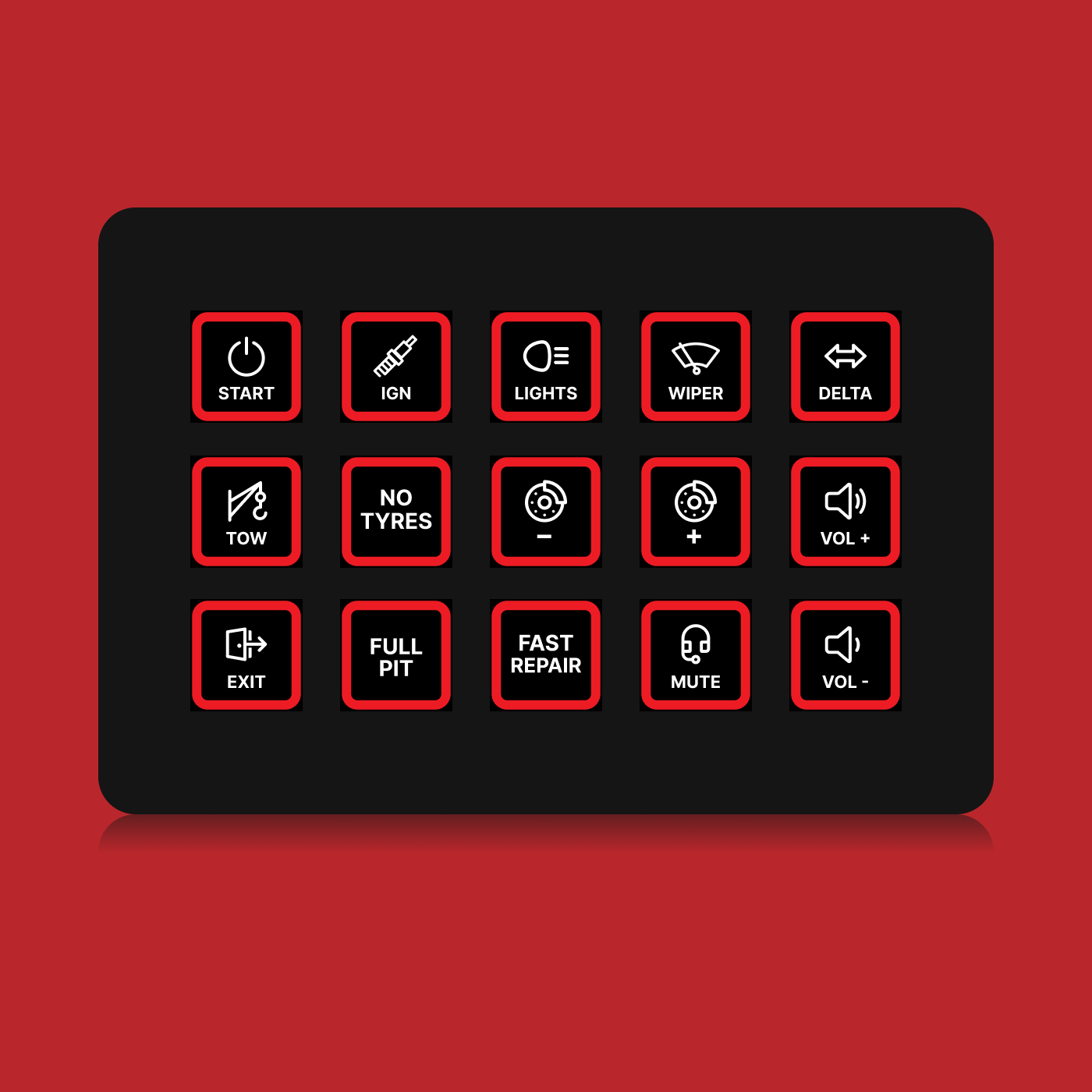 FUTUREDUST sim racing button box icon set — red backlight variant