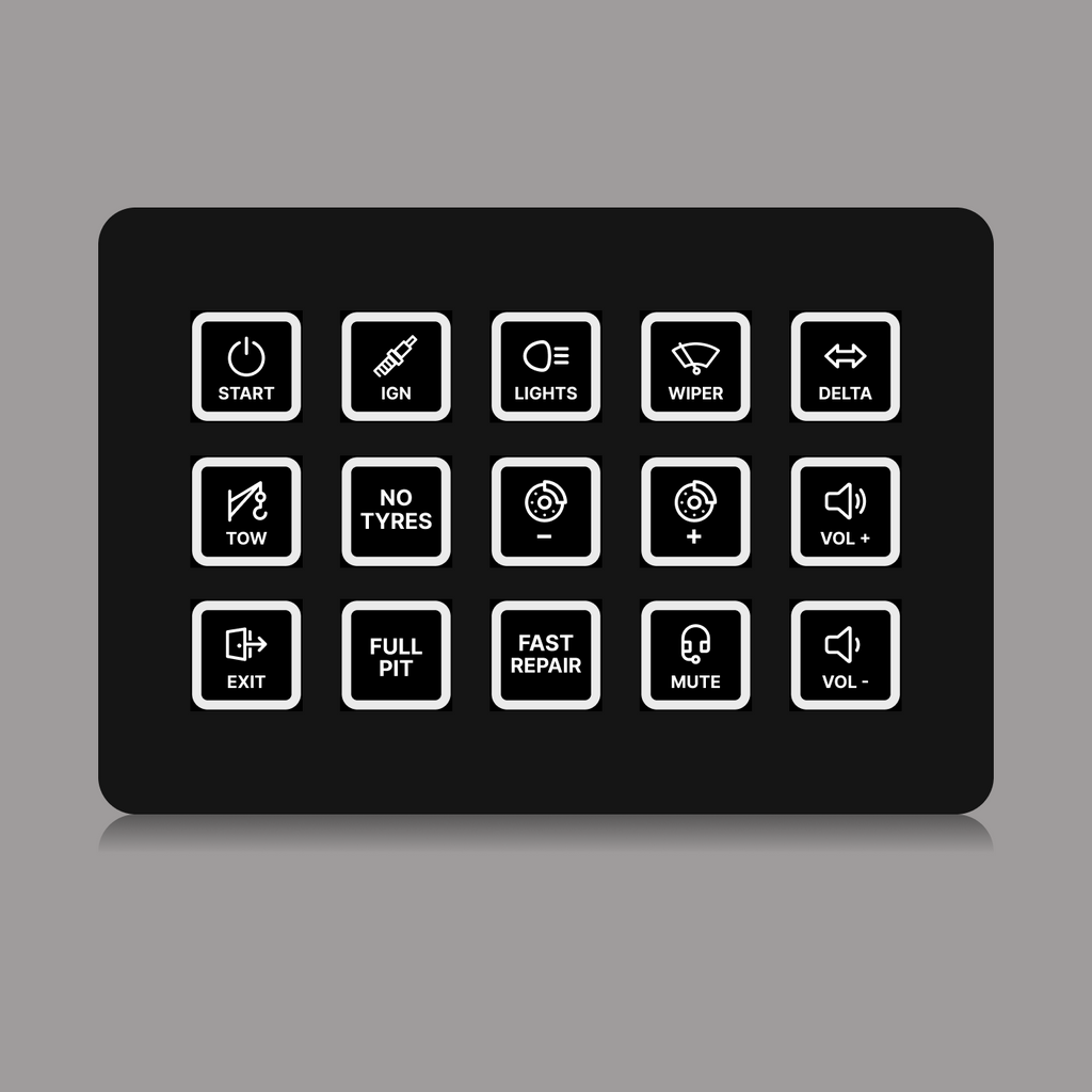 FUTUREDUST sim racing button box icon set — white backlight variant