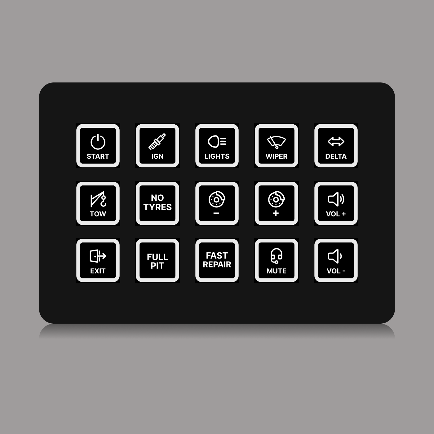 FUTUREDUST sim racing button box icon set — white backlight variant