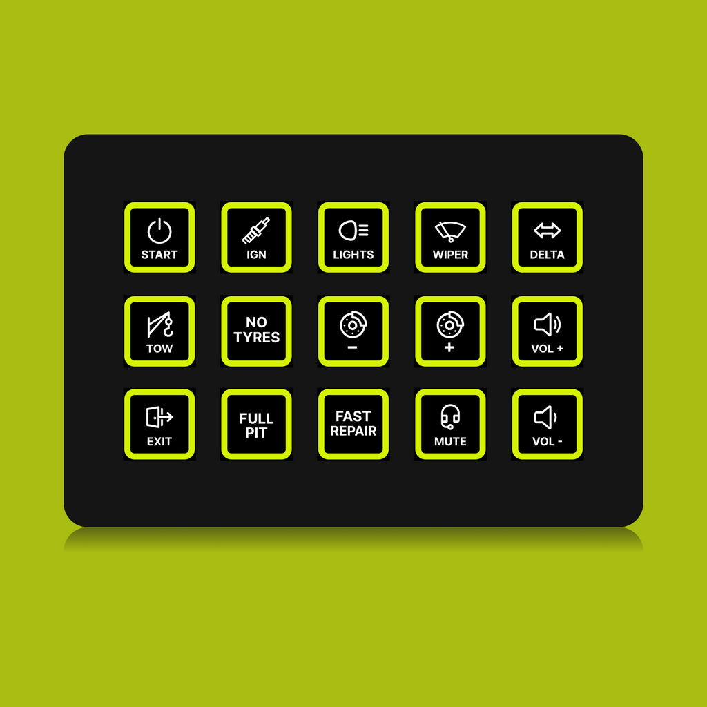 FUTUREDUST sim racing button box icon set — yellow backlight variant