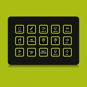 FUTUREDUST sim racing button box icon set — yellow backlight variant