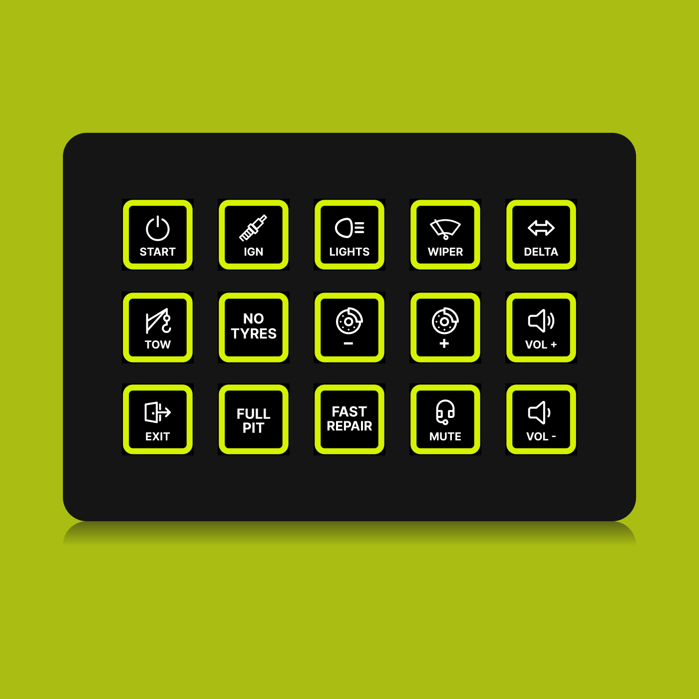 FUTUREDUST sim racing button box icon set — yellow backlight variant