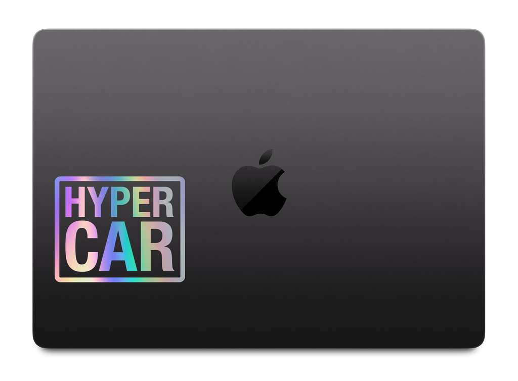 HYPERCAR holographic sticker applied to a MacBook lid