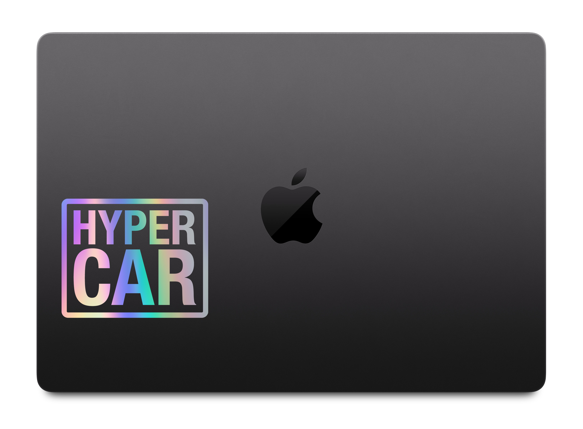 HYPERCAR holographic sticker applied to a MacBook lid