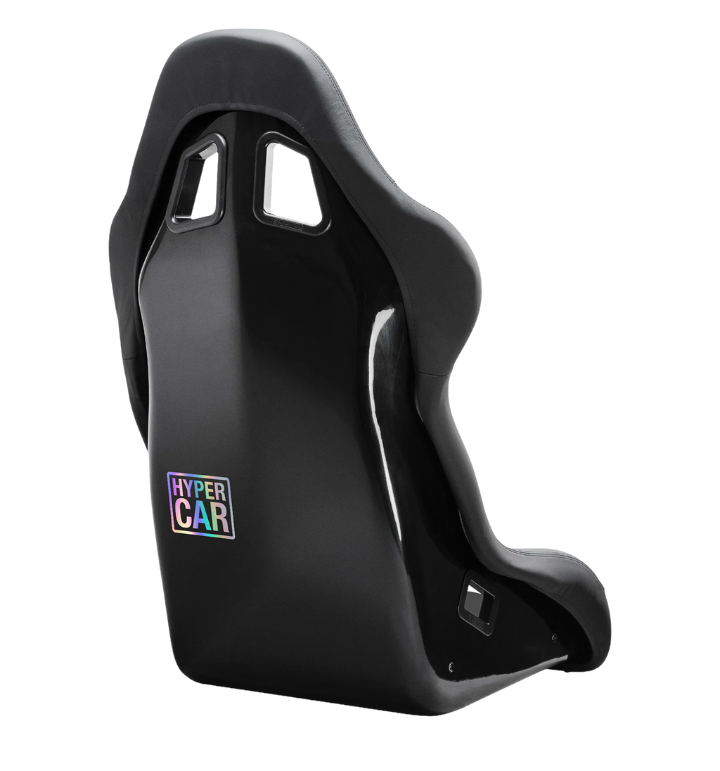 HYPERCAR holographic sticker applied to a black racing bucket seat on a sim rig