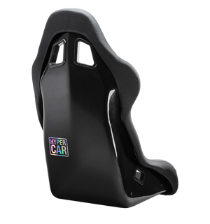 HYPERCAR holographic sticker applied to a black racing bucket seat on a sim rig