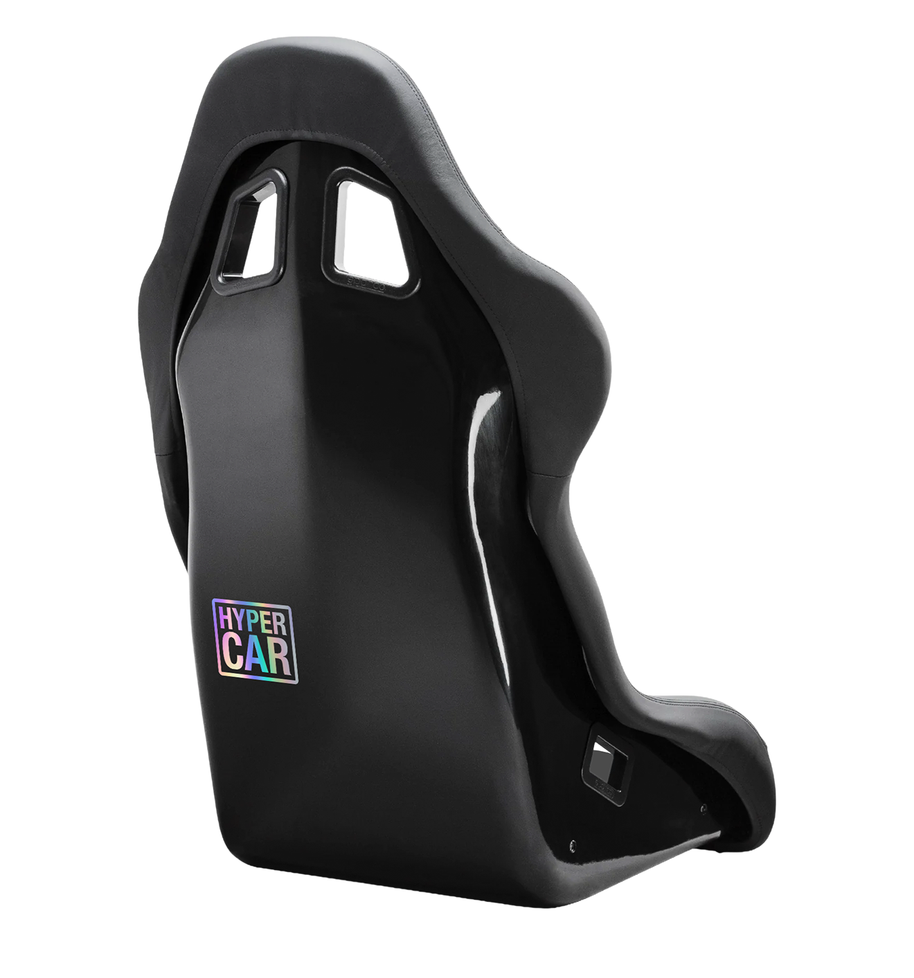 HYPERCAR holographic sticker applied to a black racing bucket seat on a sim rig