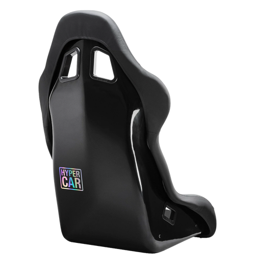 HYPERCAR holographic sticker applied to a black racing bucket seat on a sim rig