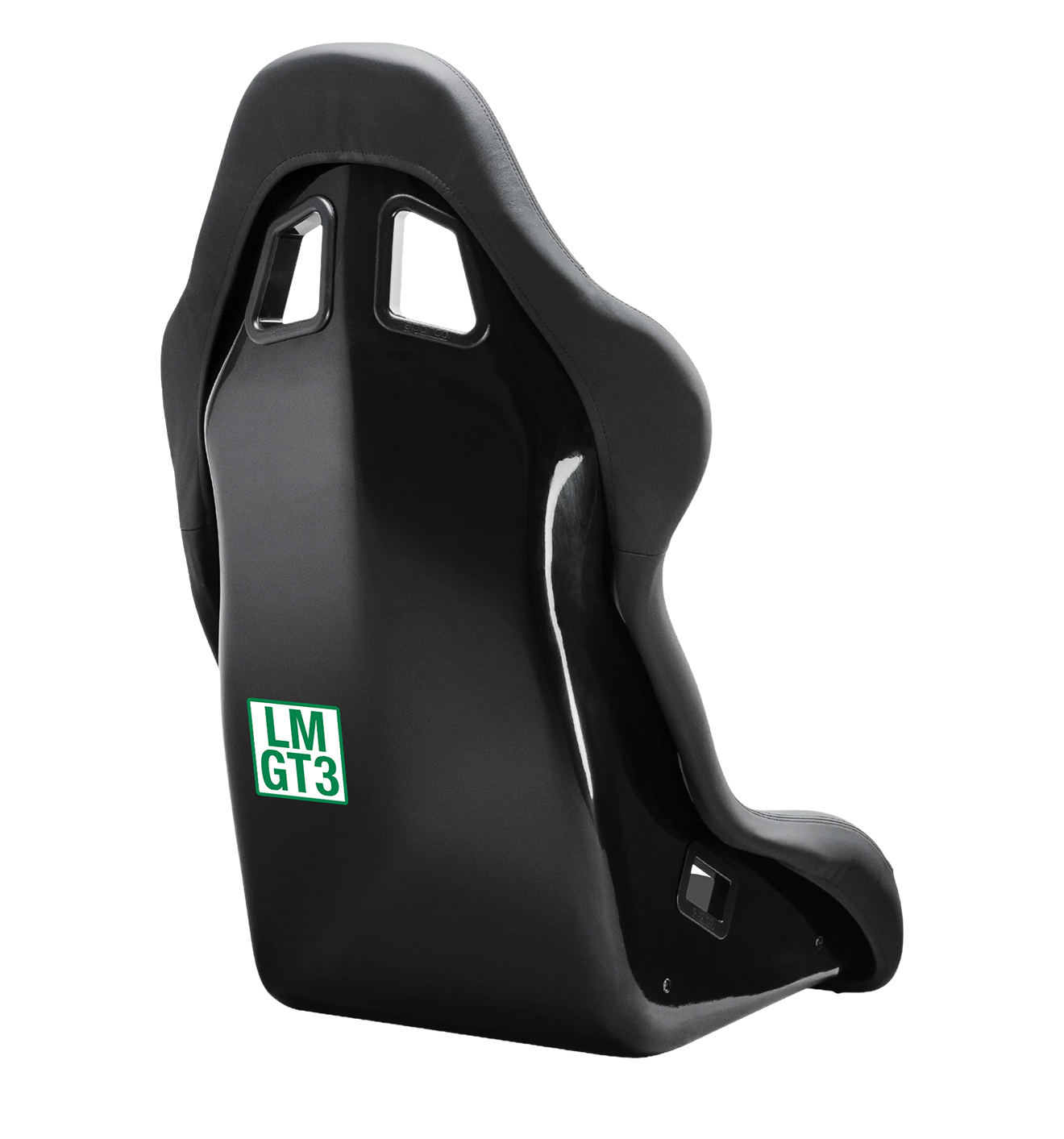 LMGT3 sticker applied to a black racing bucket seat on a sim rig
