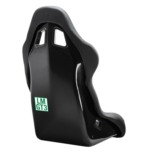LMGT3 sticker applied to a black racing bucket seat on a sim rig